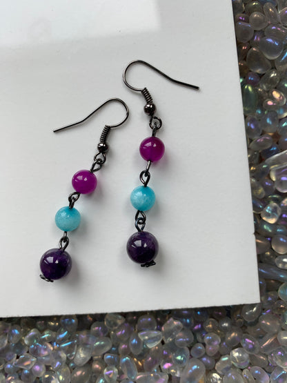 Purple Blue Quartz & Amethyst Crystal Gemstone Beaded Drop Earrings