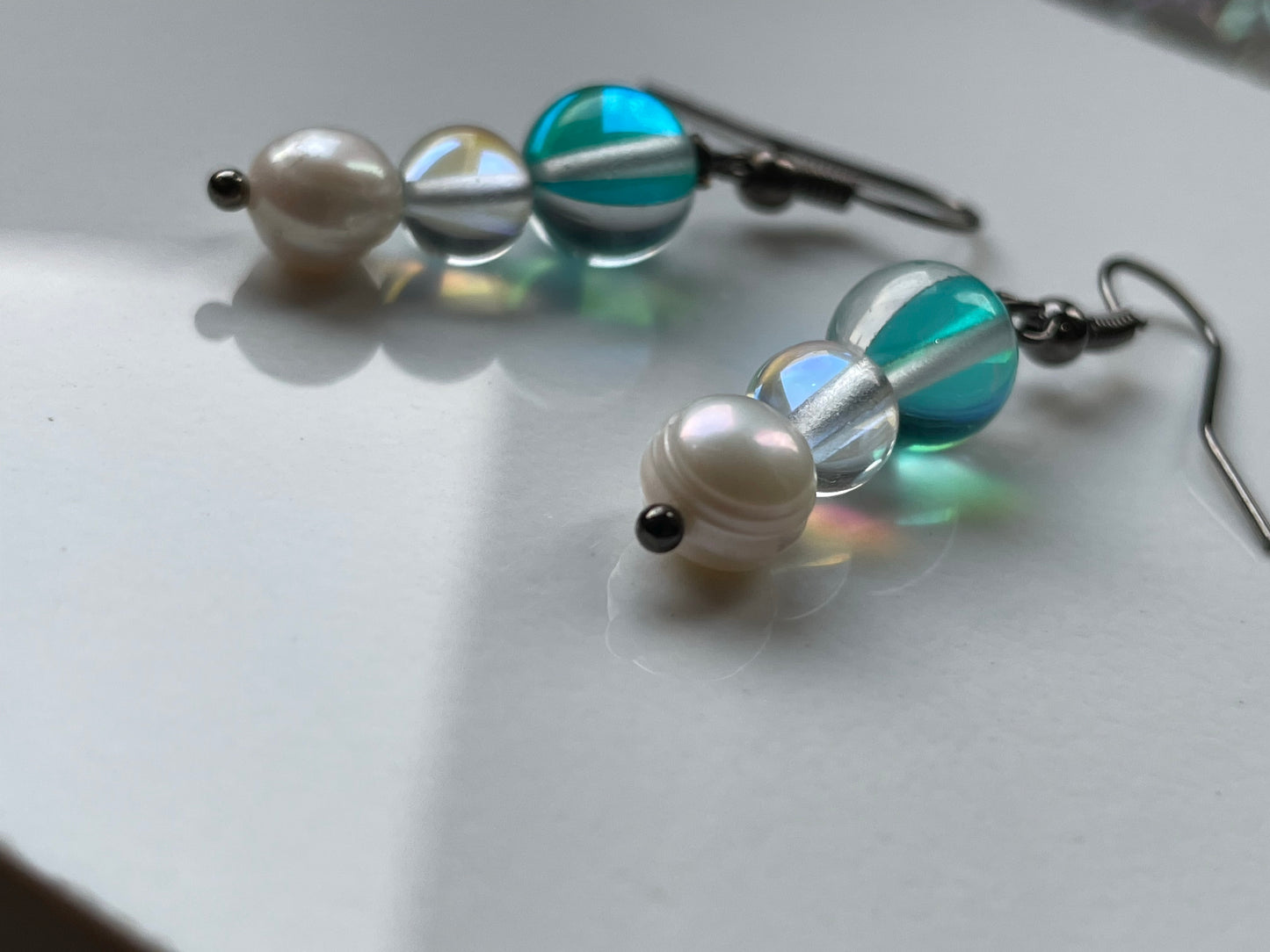 Aqua Angel Aura Quartz & Pearl Crystal Gemstone Earrings