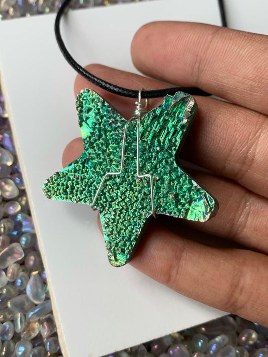 Green Teal Bismuth Crystal Star Cut Out Metal Art Cord Necklace
