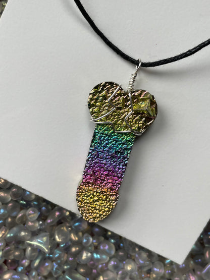 Rainbow Bismuth Crystal Penis Phallus Cut Out Metal Art Necklace