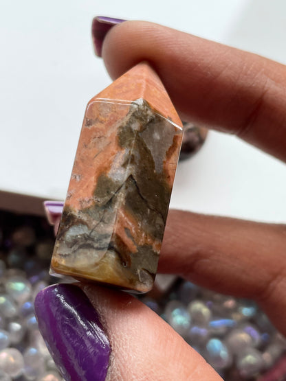 Rhodonite Gemstone Crystal Mini Point Tower & Tumbled Stone - Gift Set (2)