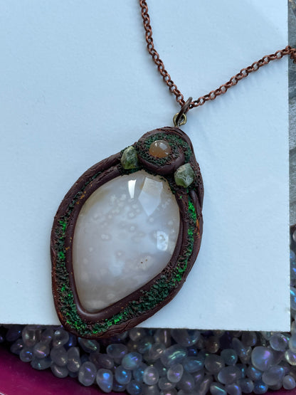 Flower Agate Carnelian & Peridot Crystal Gemstone Amulet Enchanted Forest Necklace