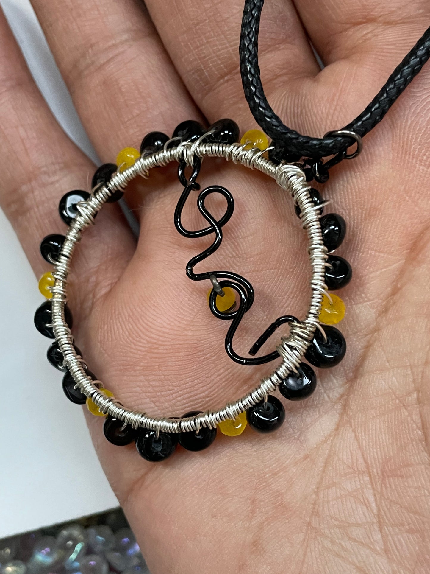 Black Onyx & Yellow Quartzite Crystal Gemstone - Love Wire Necklace