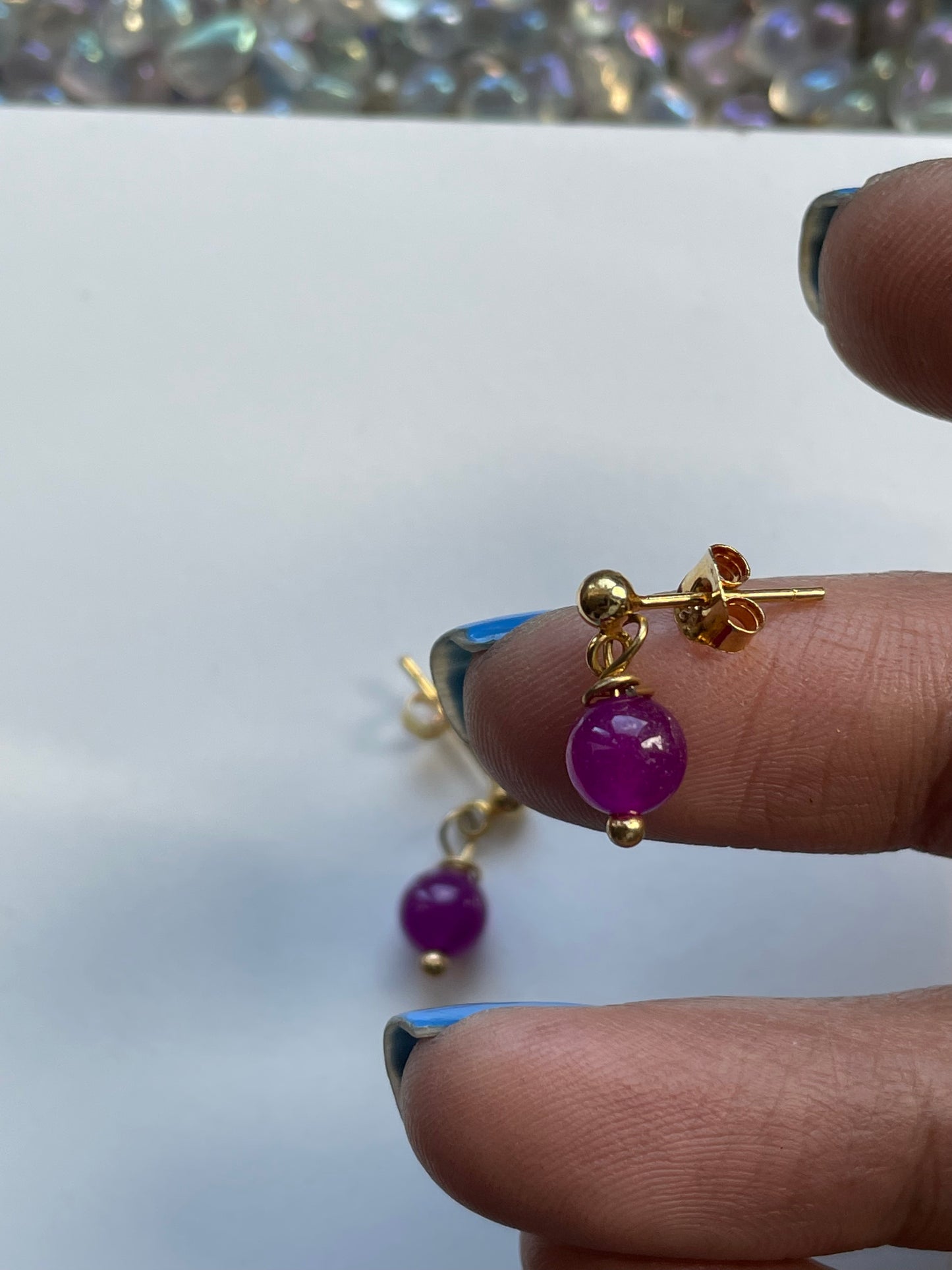 Purple Quartz Crystal Gemstone Mini 925 Gold Earrings