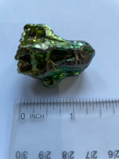 Blue Green Bismuth Crystal Small T. rex Skull Metal Art Sculpture