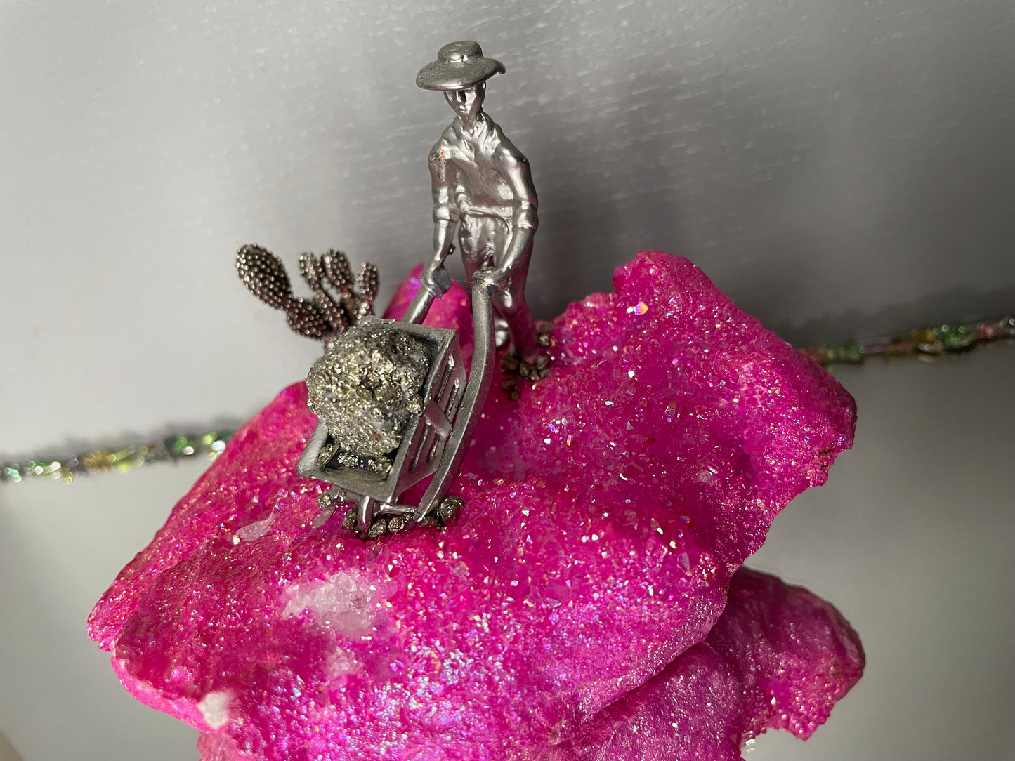 Hot Pink Aura Quartz & Pyrite Crystal Gemstone Miner Cluster - Large