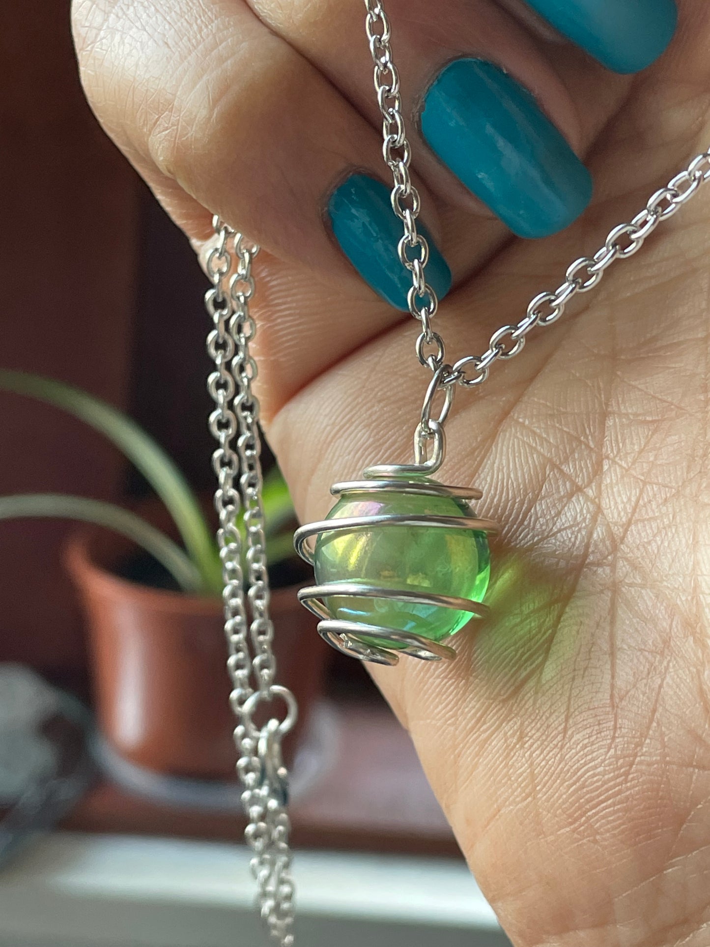 Apple Green Rainbow Aura Quartz Crystal Gemstone Silver Spiral Necklace