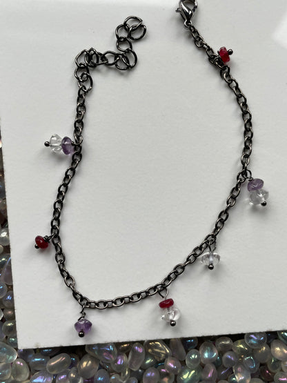 Amethyst Red & Clear Quartz Gemstone Black Dainty Charm Bracelet