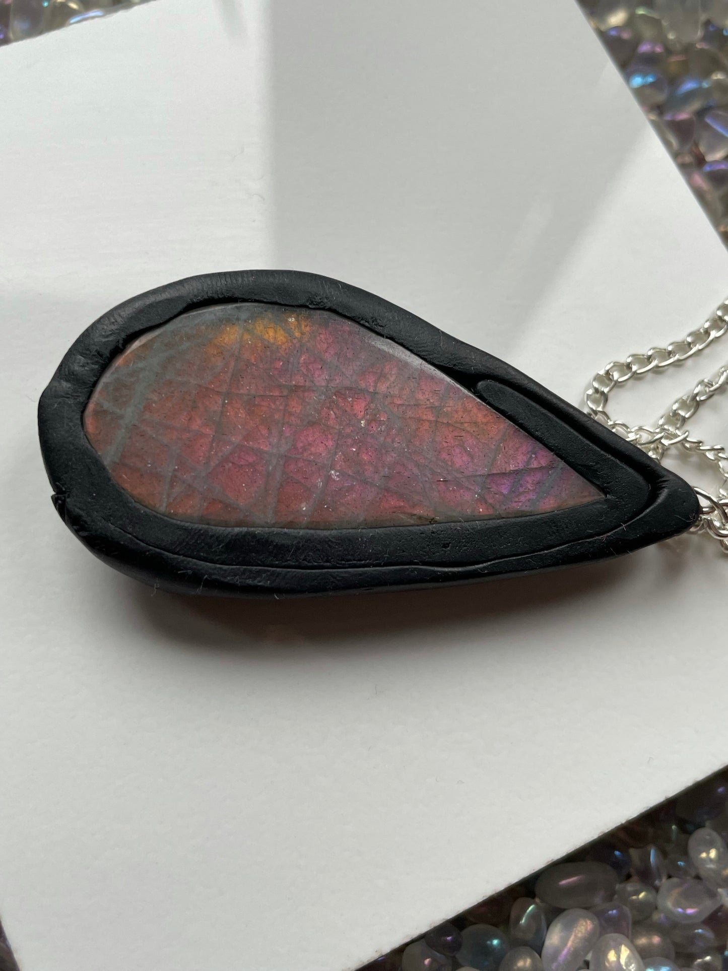 Ursula Black Clay - Pink Orange Labradorite Crystal Gemstone Pendant Necklace