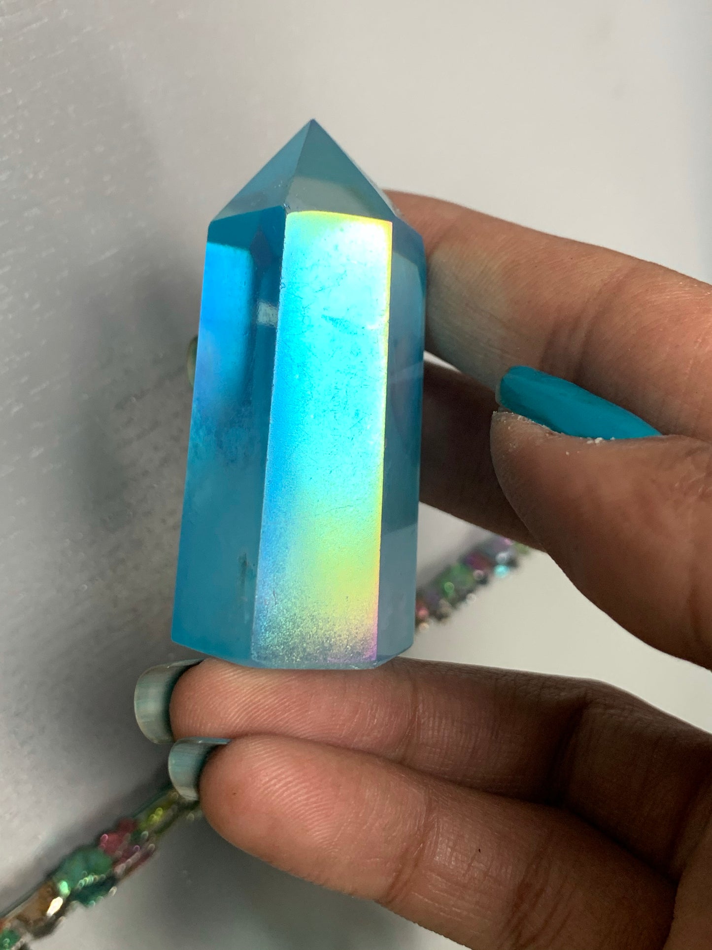 Aqua Blue Aura Quartz Crystal Gemstone Tower Point (2)