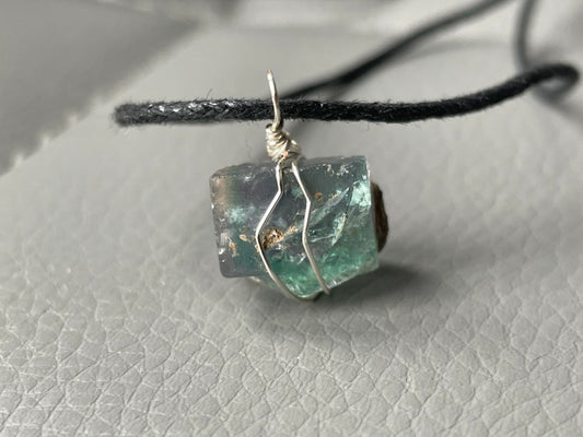 Fluorite Rough Cube Crystal Gemstone Wire Wrap Necklace