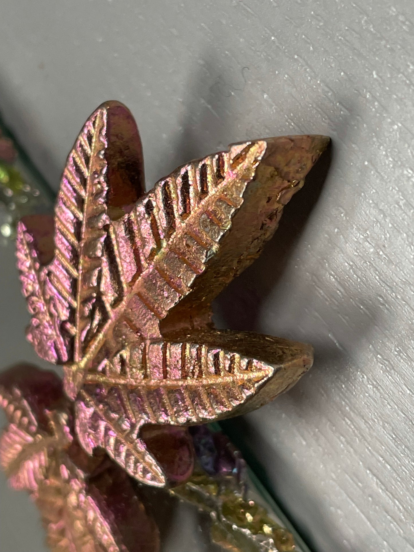 Peach Pink Bismuth Crystal Pot Leaf Metal Art Sculpture