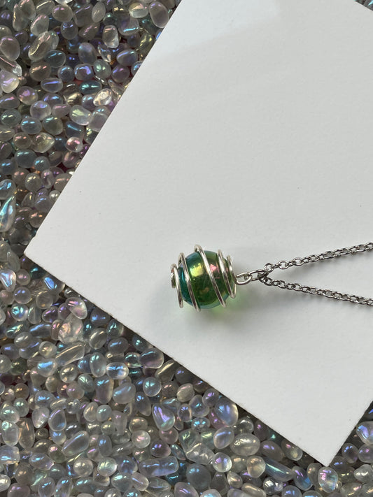 Apple Green Rainbow Aura Quartz Crystal Gemstone Silver Spiral Necklace