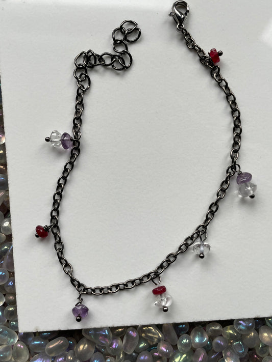 Amethyst Red & Clear Quartz Gemstone Black Dainty Charm Bracelet