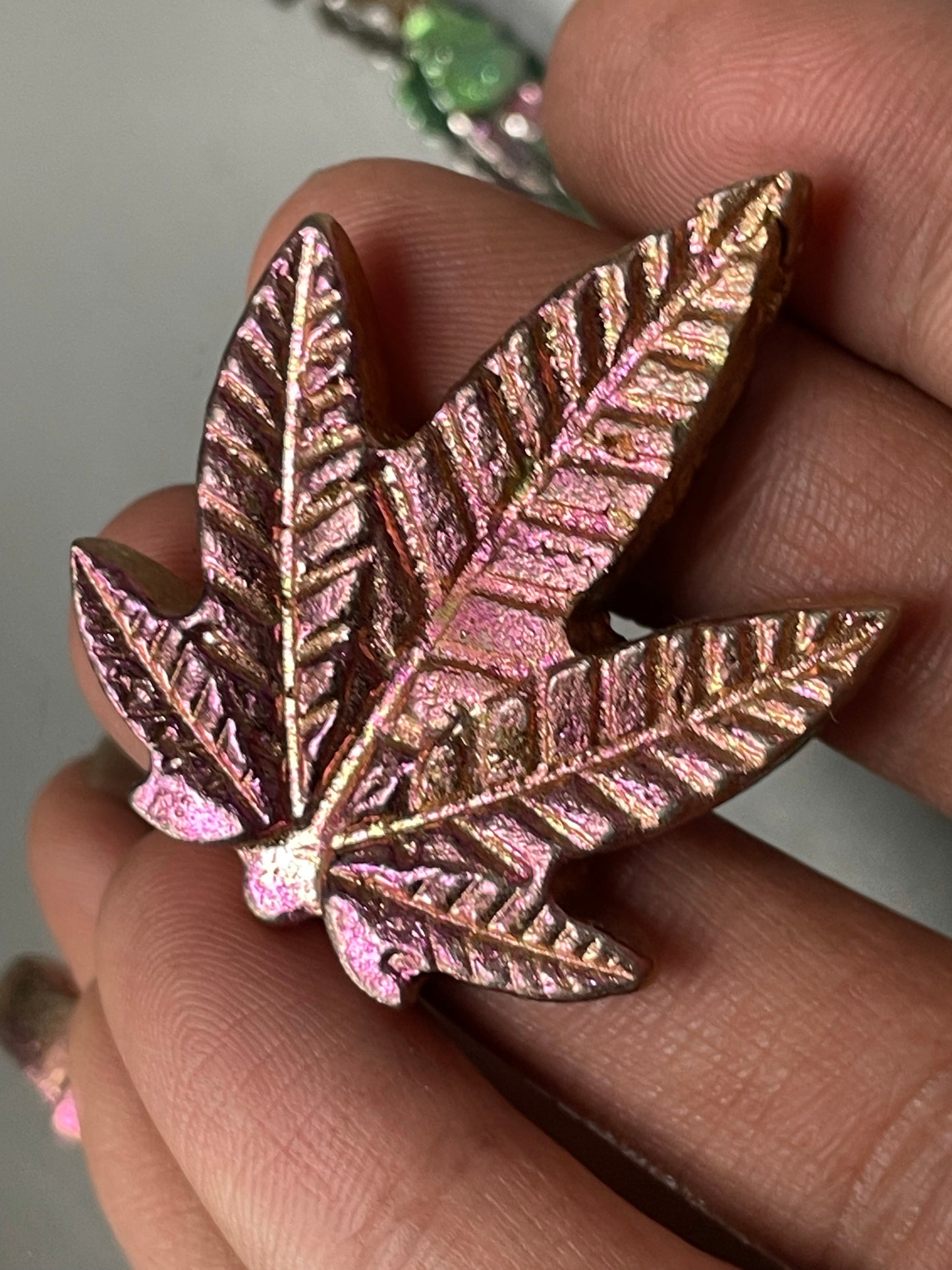 Peach Pink Bismuth Crystal Pot Leaf Metal Art Sculpture