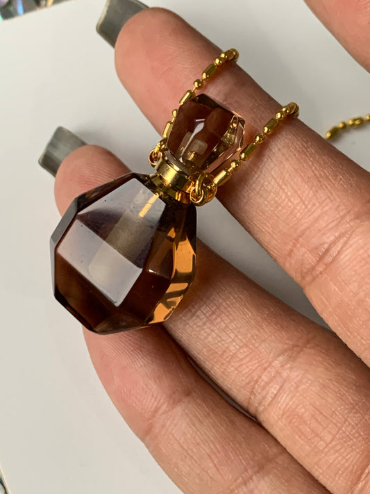 Smoky Quartz Crystal Gemstone Aromatherapy Perfume Bottle Pendant Necklace