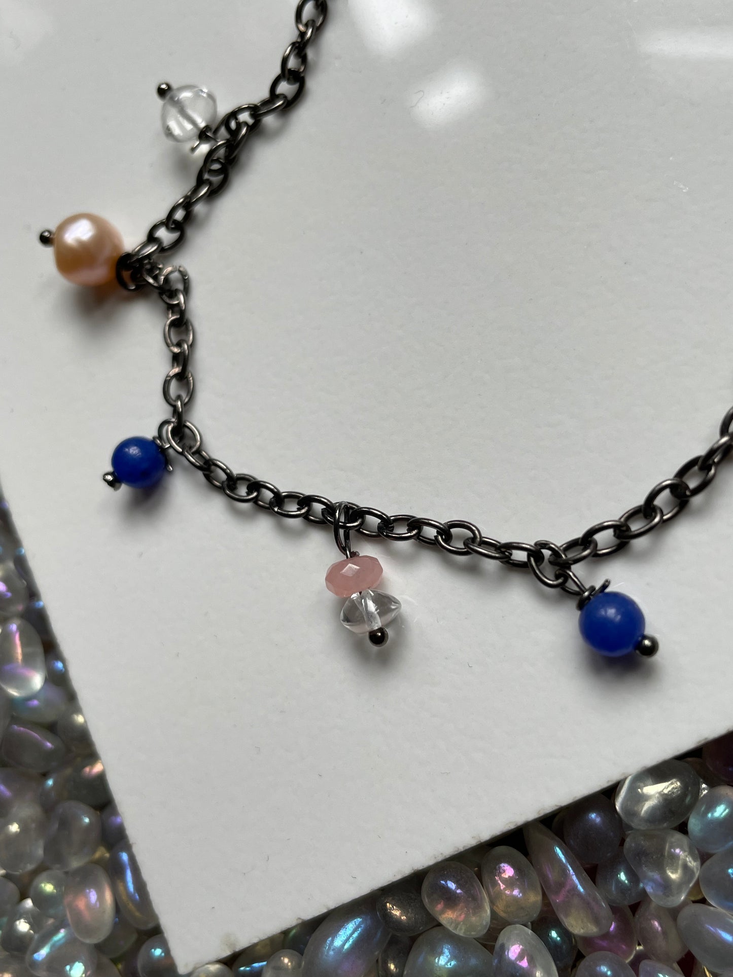 Blue & Clear Quartz Pearl Crystal Gemstone Black Dainty Charm Bracelet