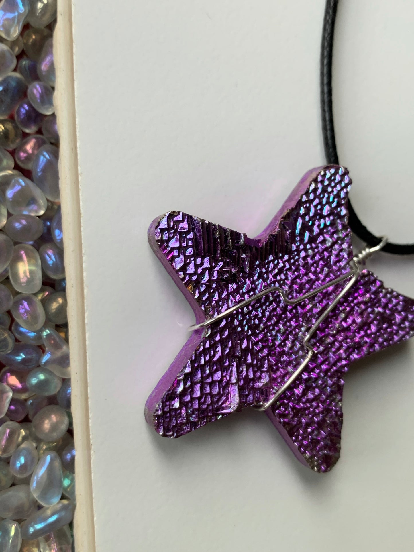 Pink Bismuth Star Crystal Cut Out Metal Art Cord Necklace