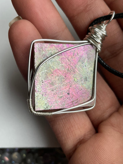Pink Bismuth Square Crystal Cut Out Metal Art Necklace