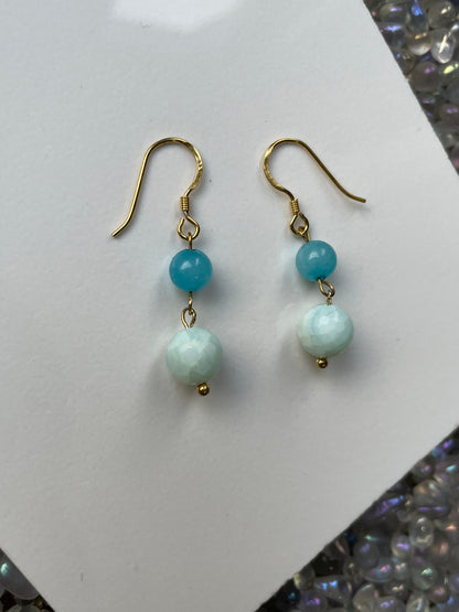 Blue Opal & Quartz Crystal Gemstone 925 Gold Vermeil Drop Earrings