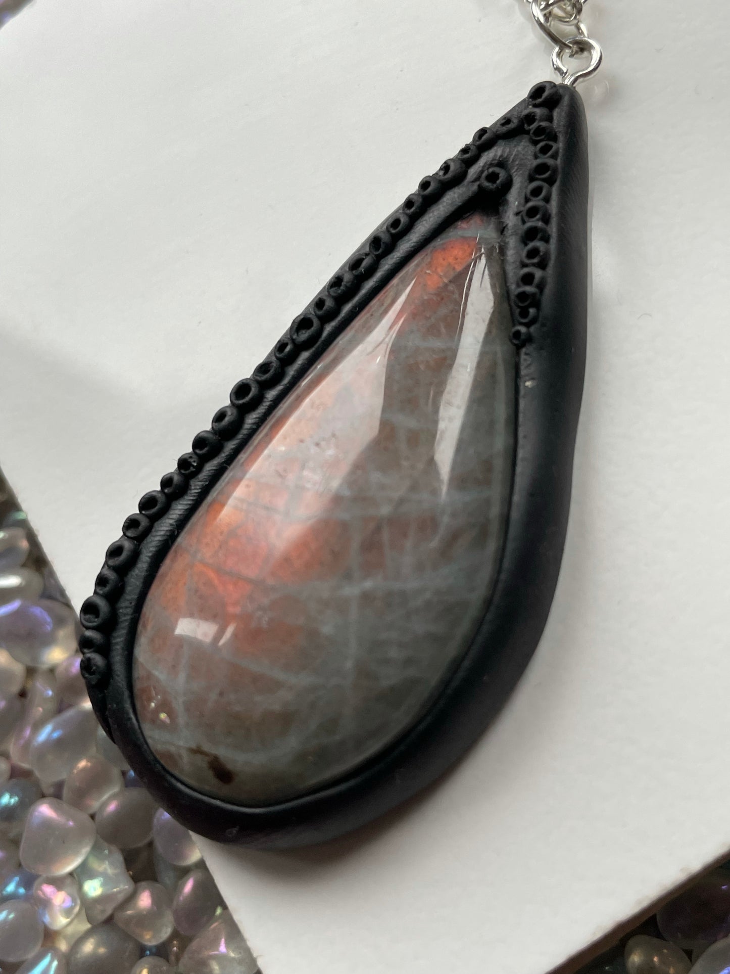 Ursula Black Clay - Pink Orange Labradorite Crystal Gemstone Pendant Necklace