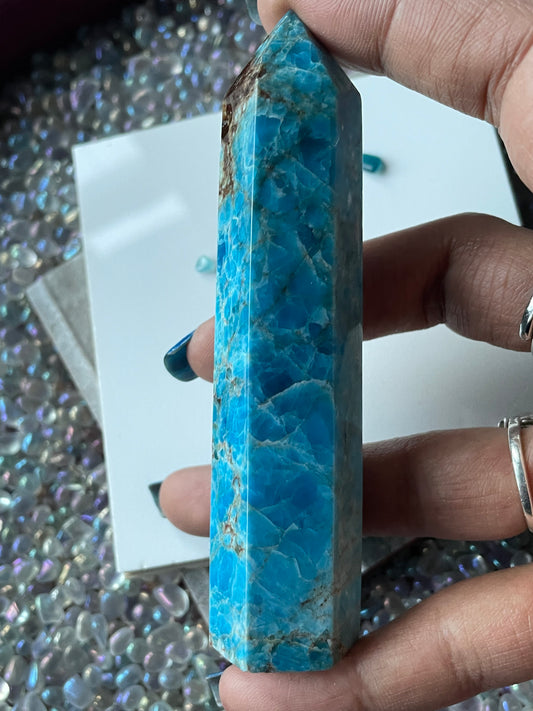 Neon Blue Apatite Gemstone Crystal Tower Point (4)