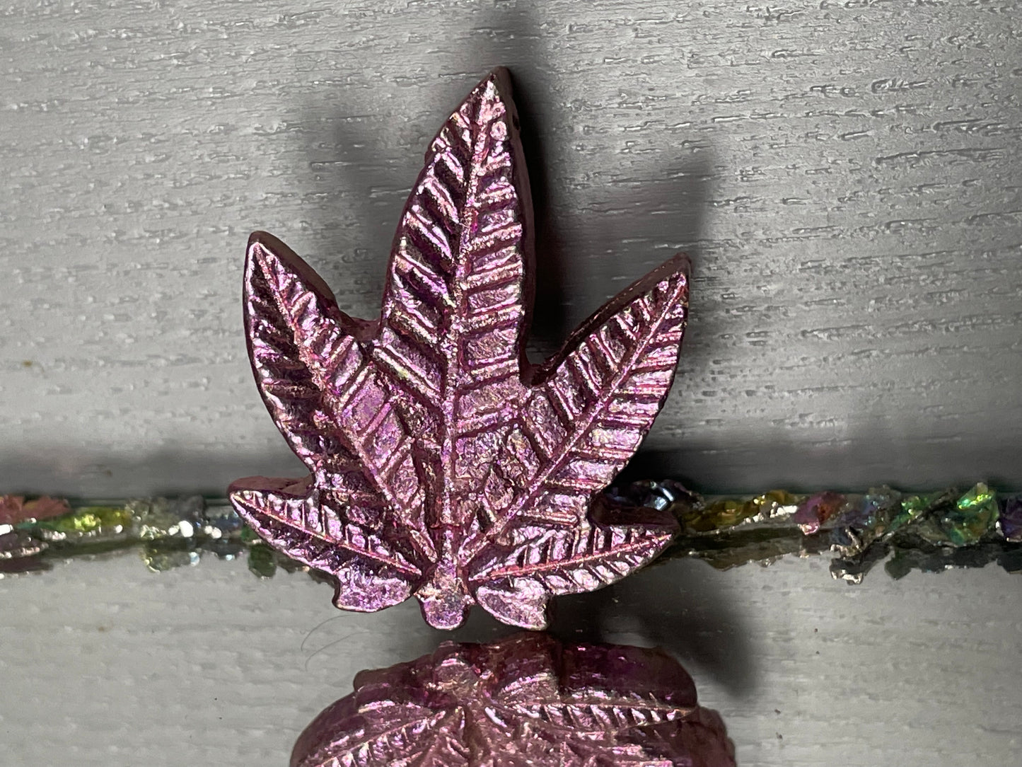 Pink Bismuth Crystal Pot Leaf Metal Art Sculpture