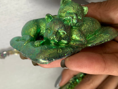 Green Bismuth Crystal Sleeping Cats Metal Art Sculpture