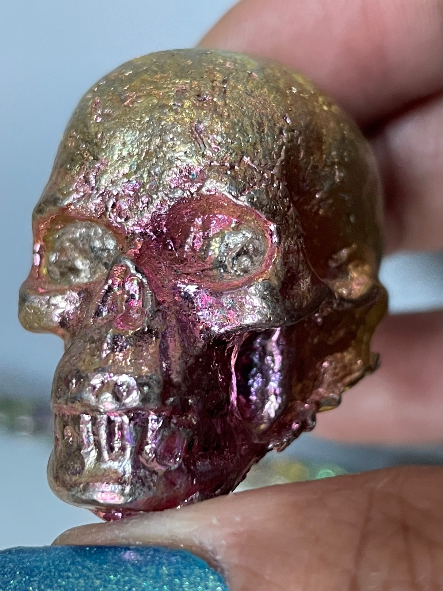Gold Pink Bismuth Crystal Small Skull Metal Art Sculpture