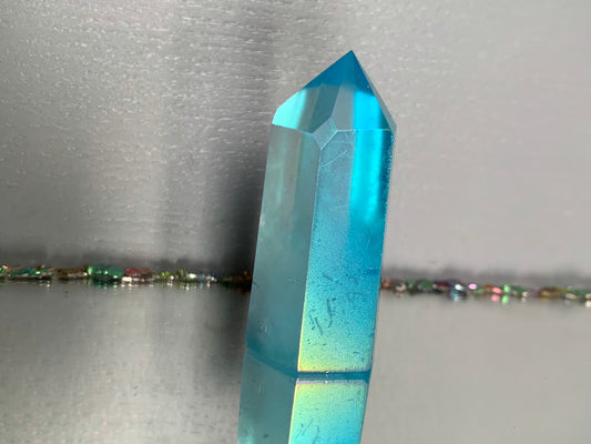 Aqua Blue Aura Quartz Crystal Gemstone Tower Point (2)