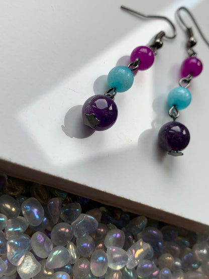 Purple Blue Quartz & Amethyst Crystal Gemstone Beaded Drop Earrings