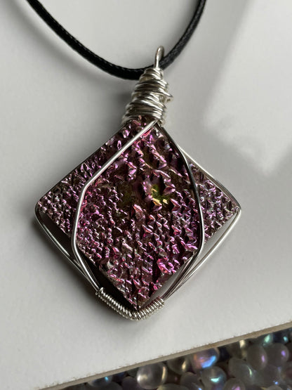 Pink Bismuth Square Crystal Cut Out Metal Art Necklace