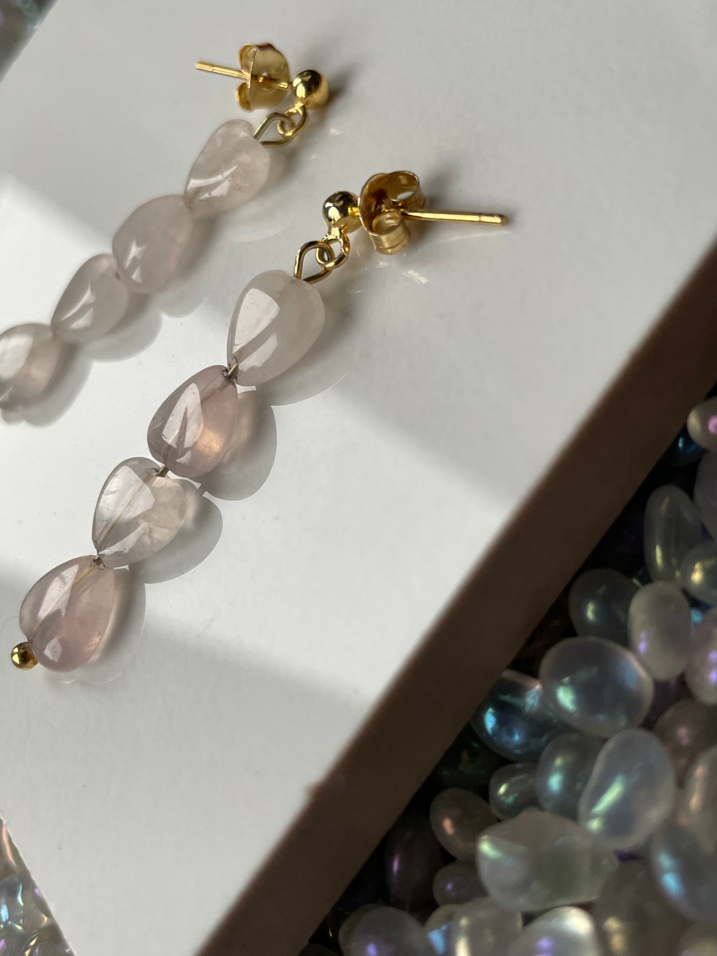 Rose Quartz Crystal Gemstone Heart Gold Earrings