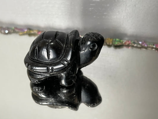 Black Obsidian Gemstone Crystal Turtle Animal Carving Small